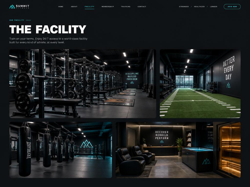 Concept facility gallery section for a gym website showing training zones, turf area, boxing bags and a recovery lounge