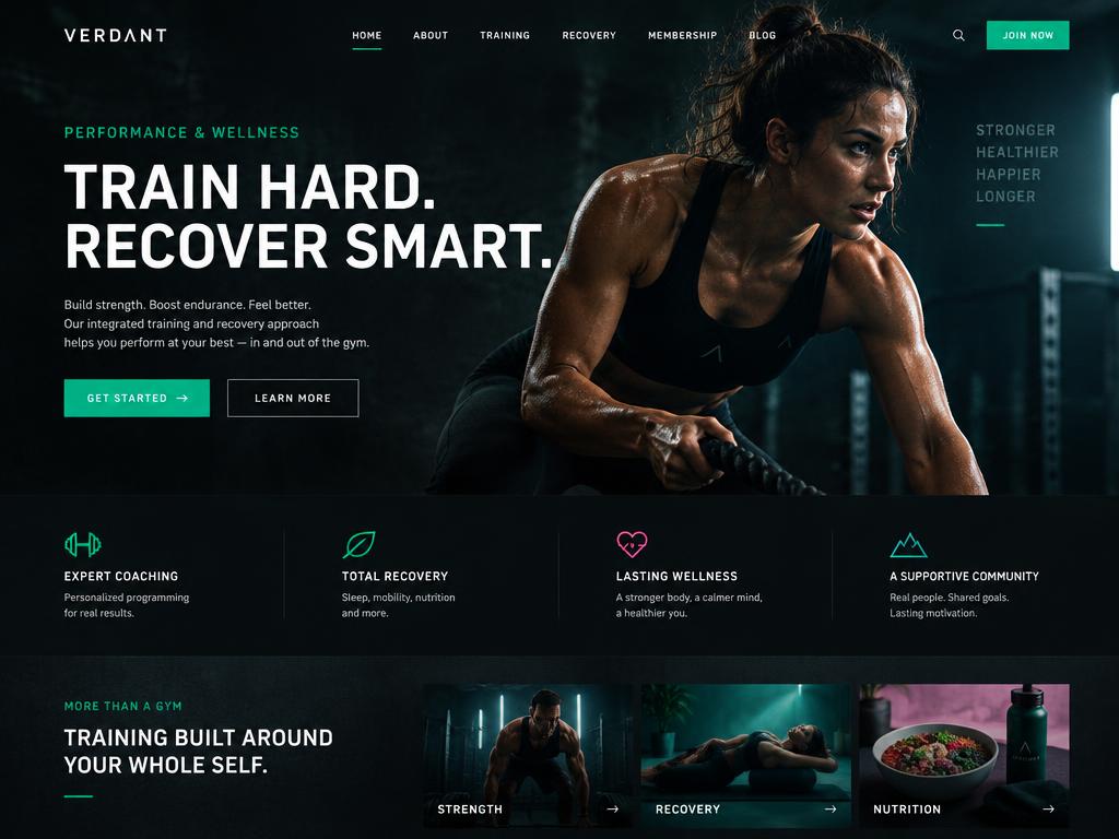 Sample gym website concept with athlete photography and a bold training-focused homepage