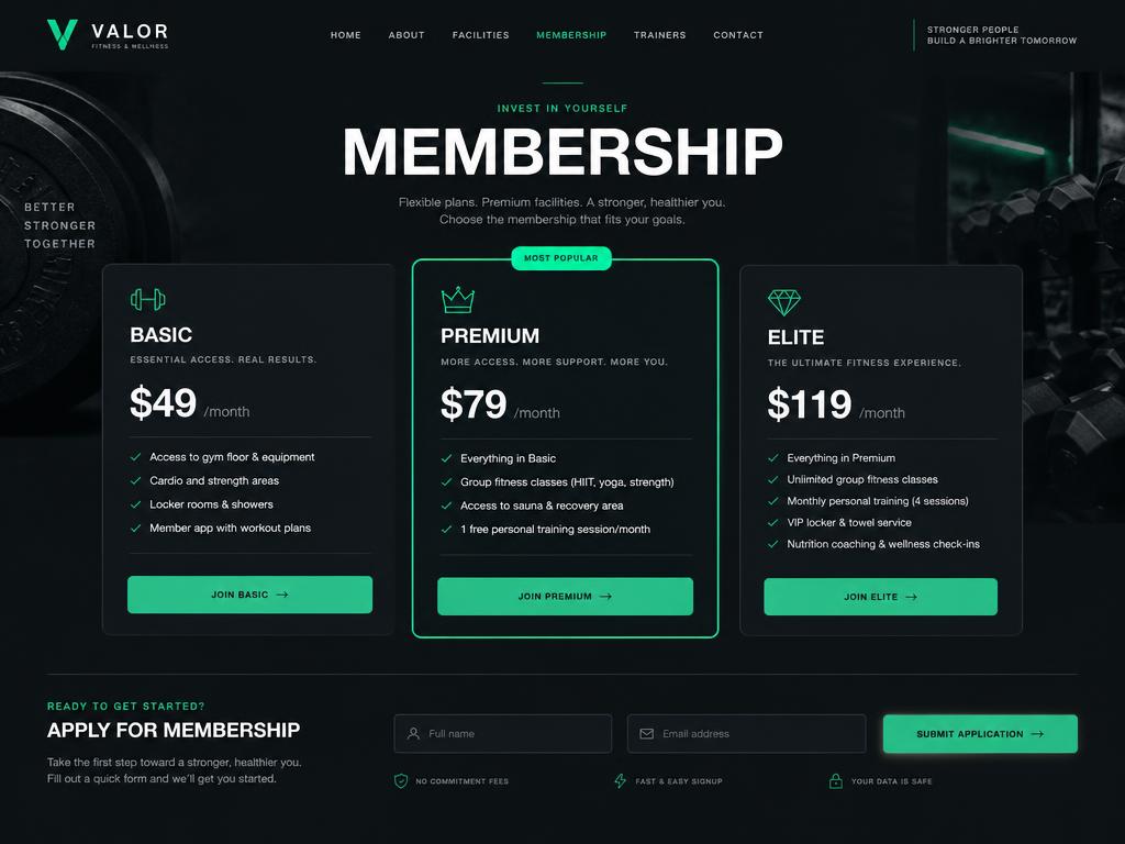 Concept membership section for a gym website with three pricing plan cards and a short application form