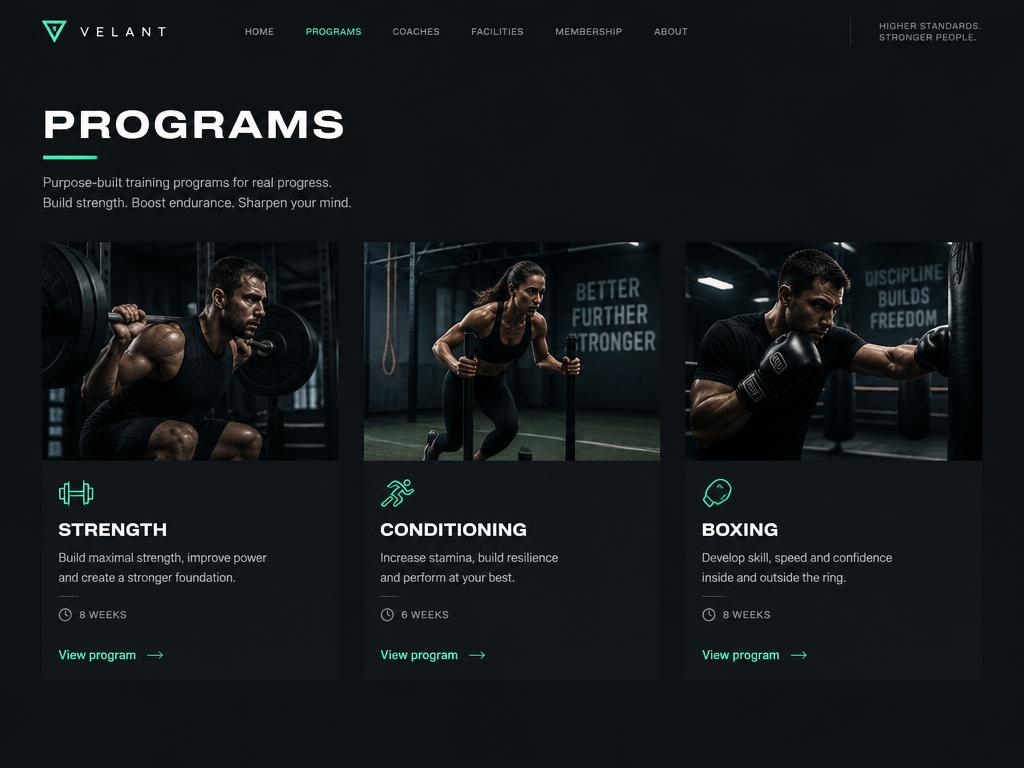 Concept training programs section for a fitness website with three program cards for strength, conditioning and boxing