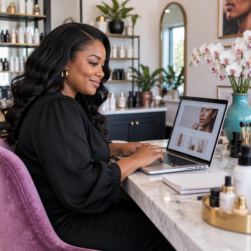 AI-generated illustration of a beauty business owner reviewing her website in a boutique studio