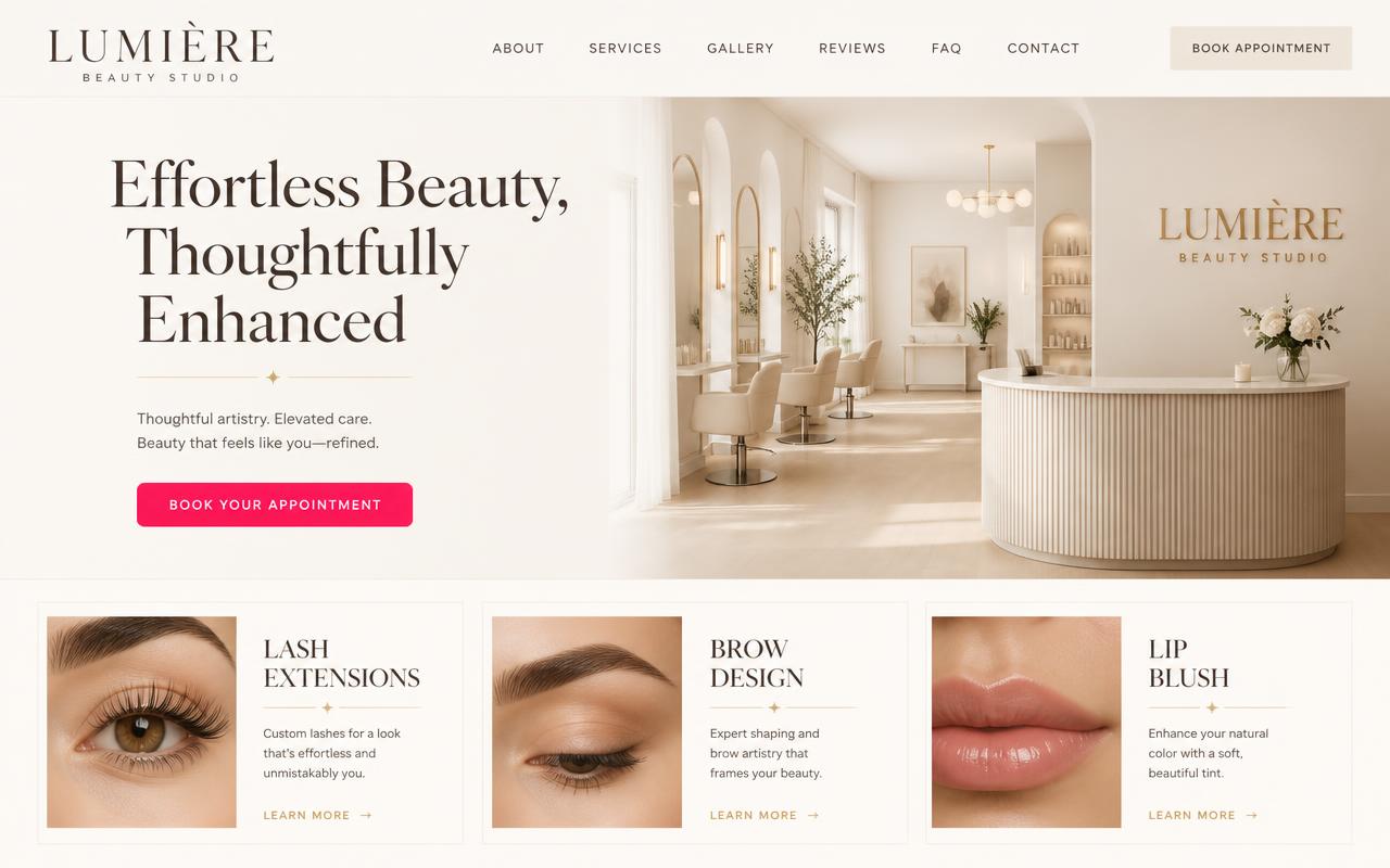 Desktop layout of the Lumière Beauty Studio concept site showing a soft editorial hero and a service menu