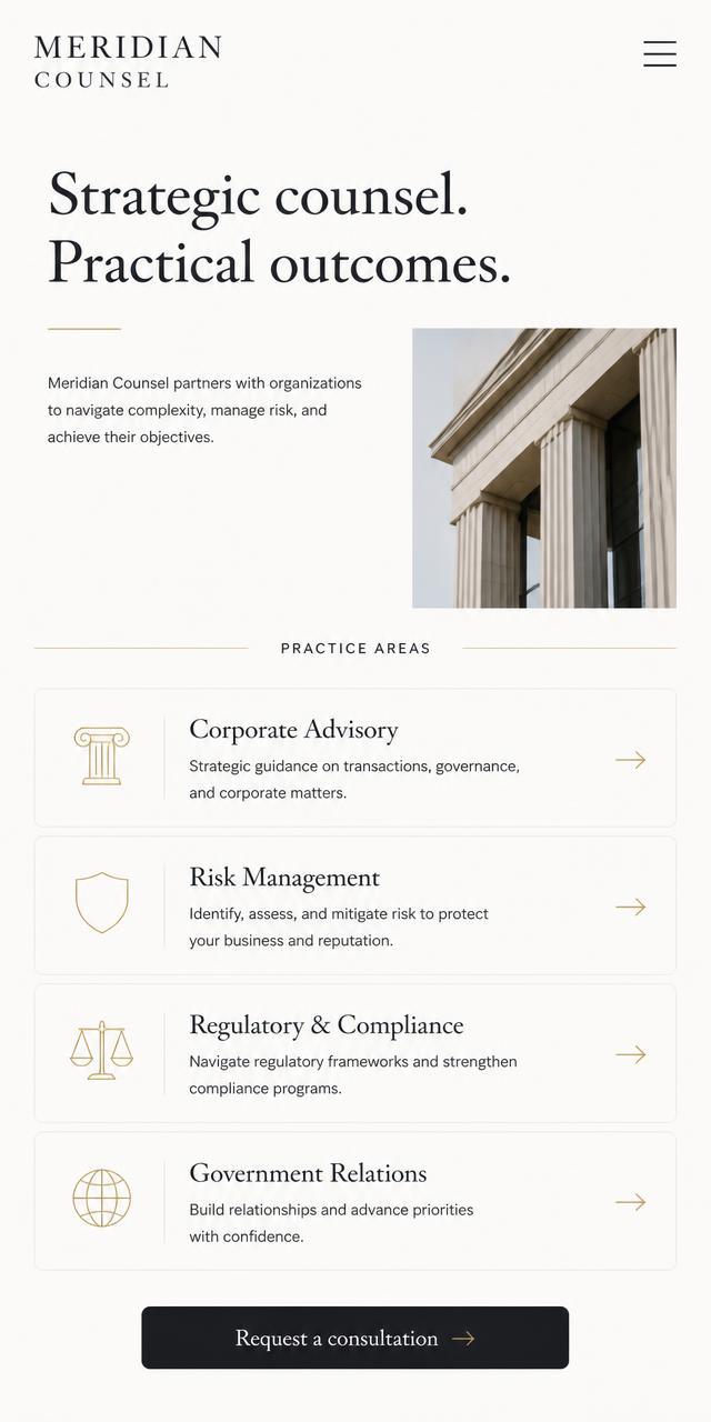 Mobile layout of the Meridian Counsel concept site showing stacked practice areas and a consultation button
